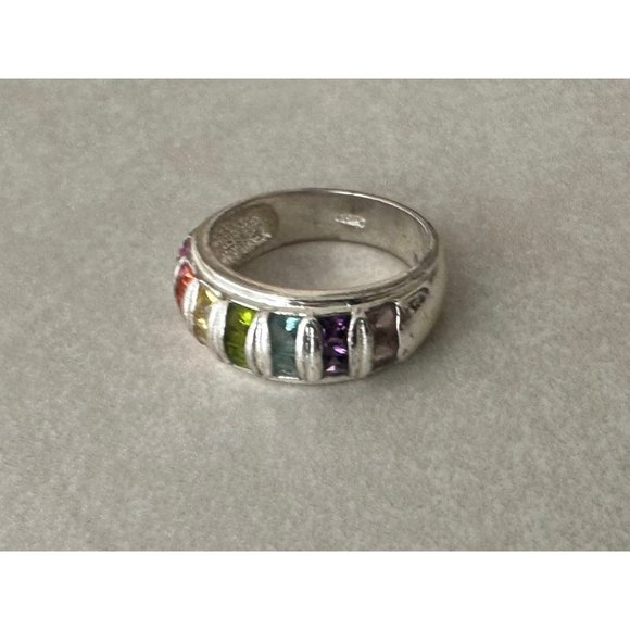 925 sterling silver white gold plated rainbow 14 genuine gemstones ring - Picture 4 of 10